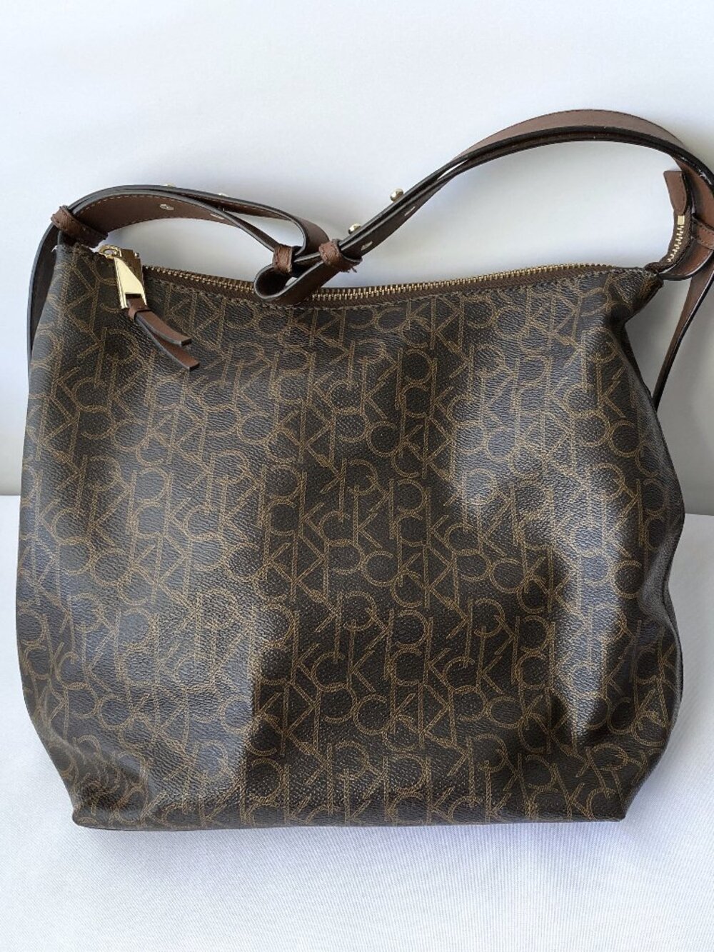 Calvin Klein CK Monogram Hobo Shoulder Bag | Brown Designer Handbag | Large Ever